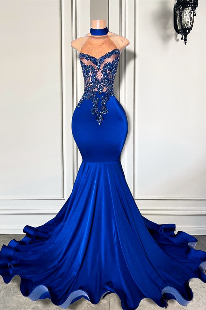 Royal Blue High Neck Sleeveless Mermaid Formal Dresses with Beadings