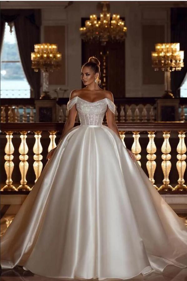 Glamorous Long Ball Gown Off Shoulder Modern Sequin Satin Bridal Dress