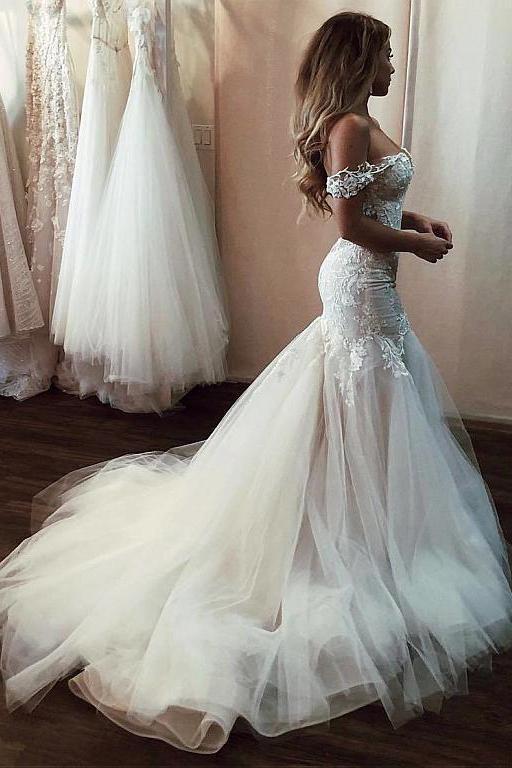 Bmbride Mermaid Lace Off the Shoulder Long Tulle Wedding Dress