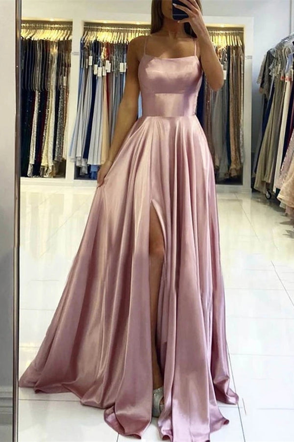 Spaghetti-Straps Pink Prom Dress With Slit