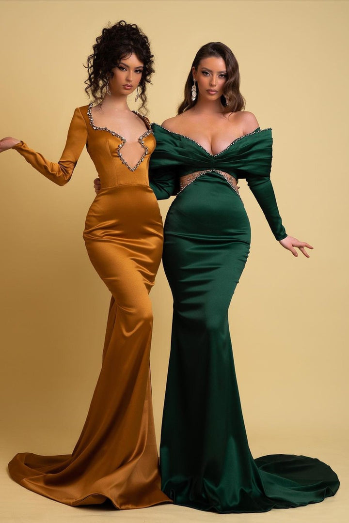 Emerald Green Prom Dress: Off-the-shoulder Charmeuse V Neck Mermaid