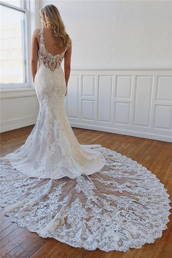 Bmbride Straps Lace Appliques Crystal Mermaid Wedding Dresses