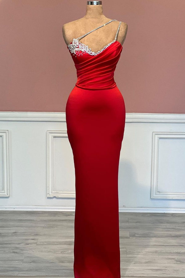 One Shoulder Beadings Sleeveless Long Satin Red Prom Dress