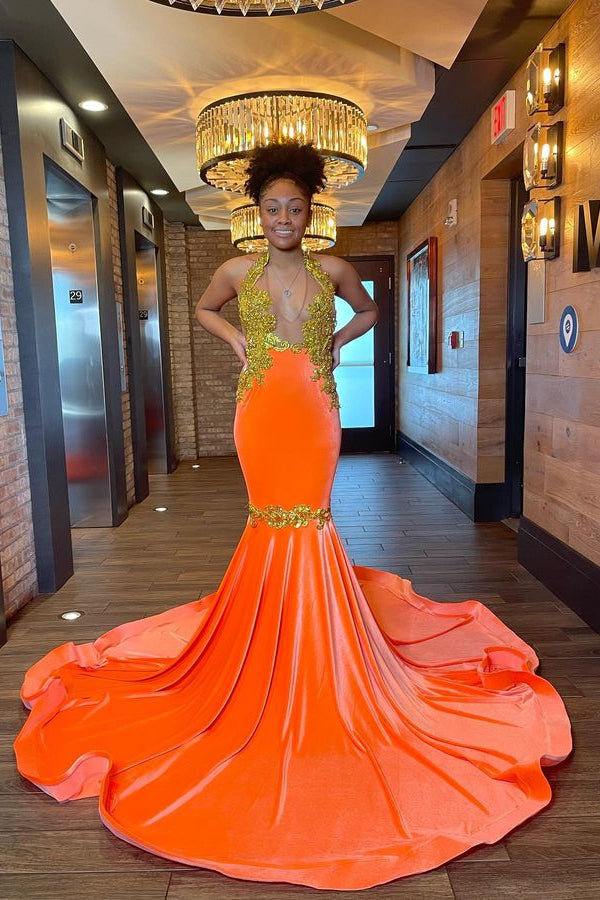 Orange Evening Dress: Appliques Halter V Neck Sleeveless Mermaid