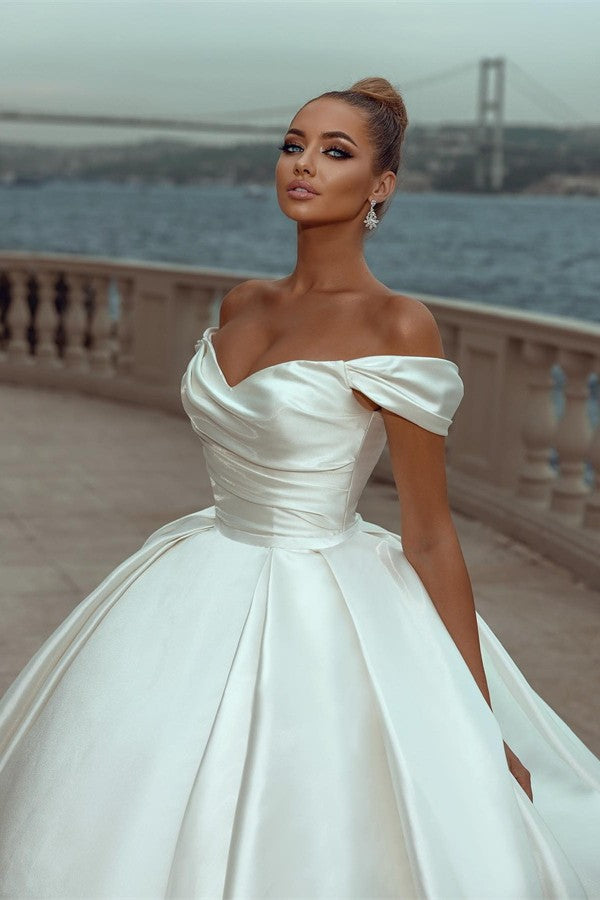 Bmbride Elegant Long Ball Gown Off Shoulder Satin Bridal Dress