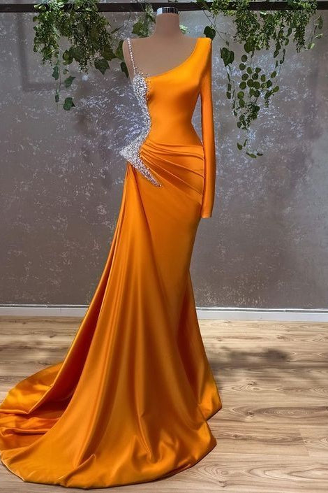 Long-Sleeve Burnt Orange Mermaid Prom Dress Adorned with Beads