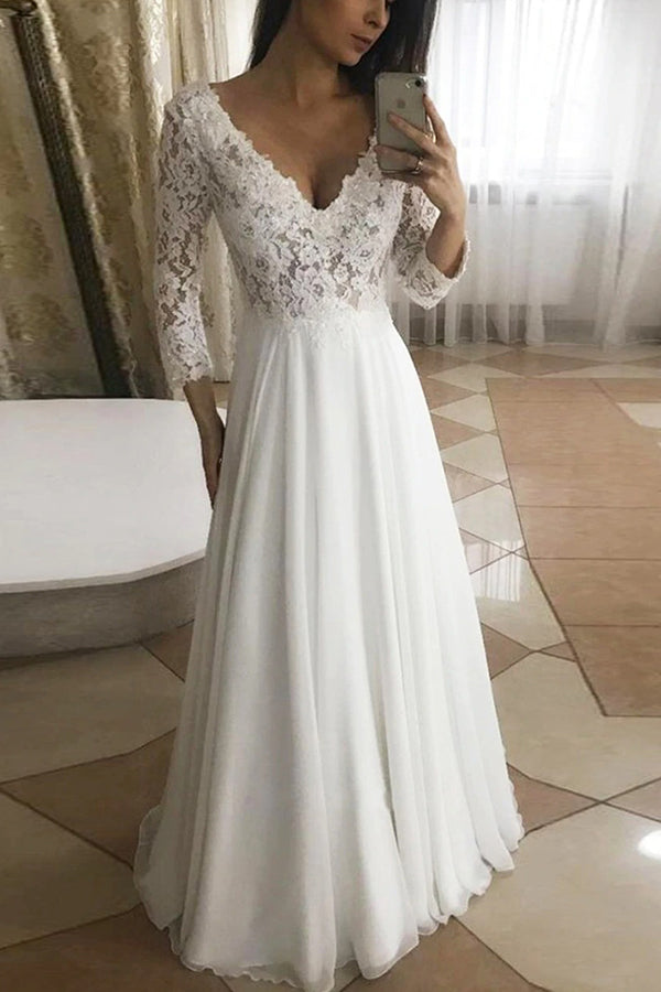 Bmbride Floeal Lace Long Sleeve V-neck A-line Wedding Dress