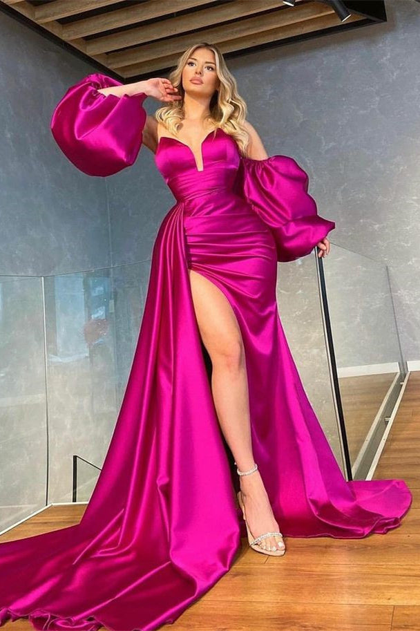 Shiny V-Neck Detachable Sleeves Evening Split Prom Dress Long Ruffles