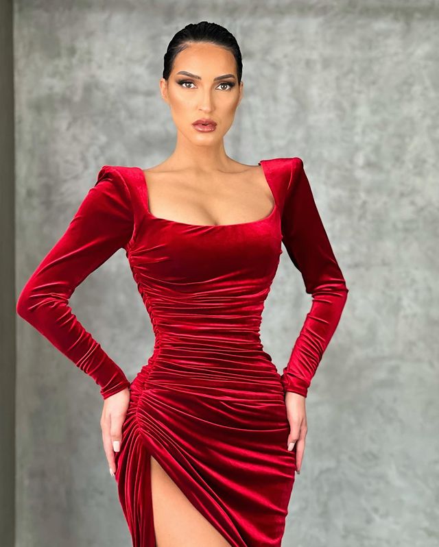 Evening Dress: Burgundy Long Sleeves Mermaid