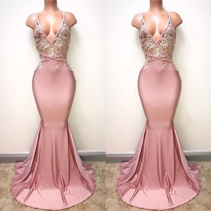 Pink Mermaid Long Prom Dress With Lace Appliques