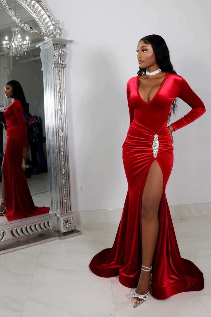 Red Long Sleeve Prom Dress with High Slit and Pleated Design