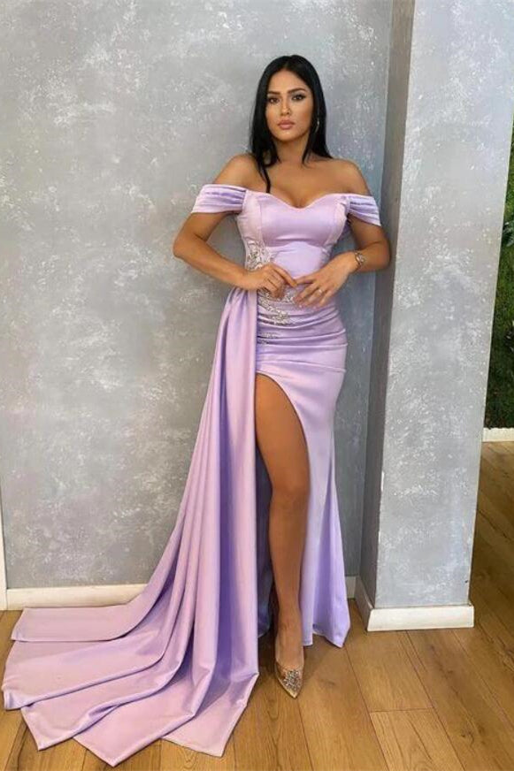 Off-The-Shoulder Lilac Beads Mermaid Prom Dress With Ruffle Split