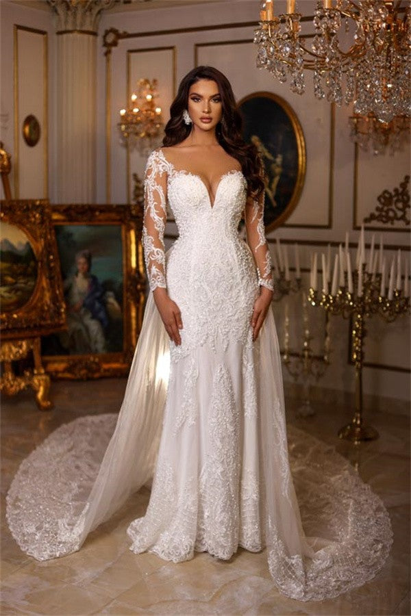 Bmbride Long Mermaid Sweetheart Tulle Lace Wedding Dress with Sleeves - Charming