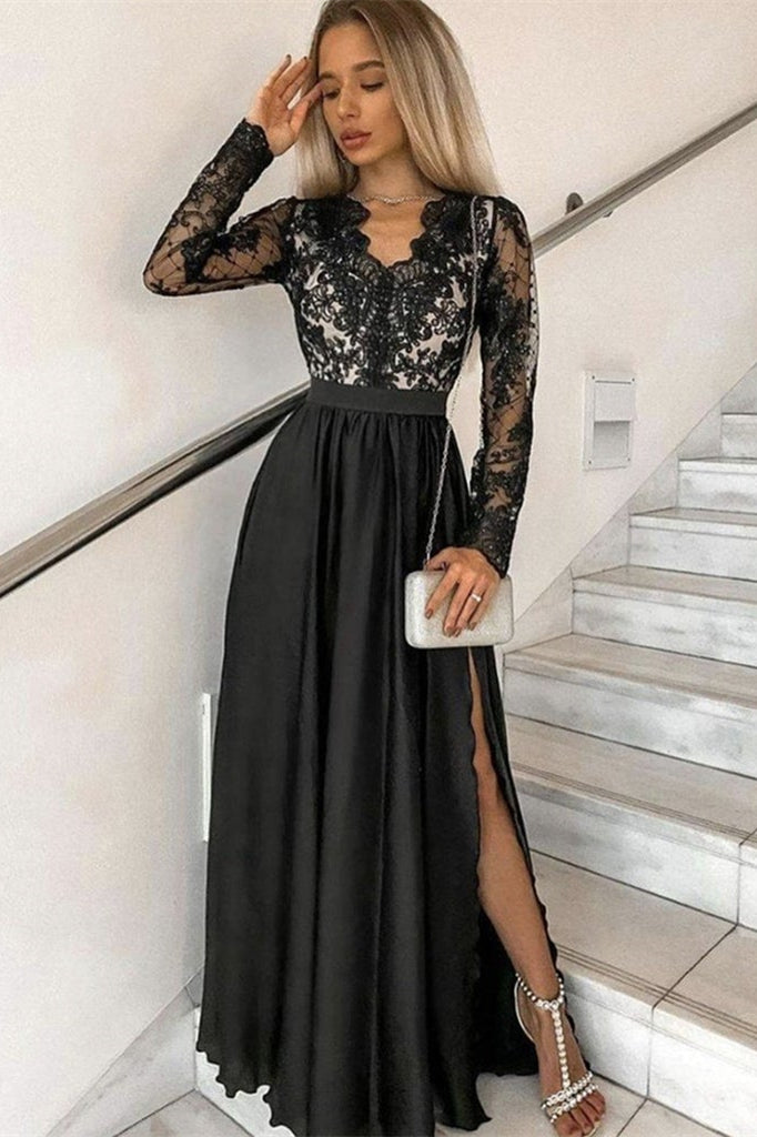 Black Long Sleeve Split Prom Dress