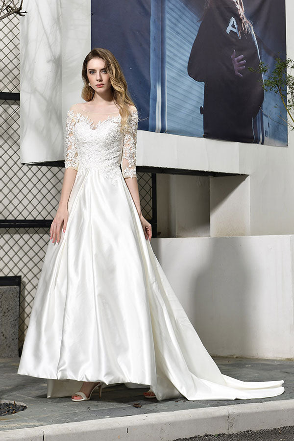 Bmbride Lace-up A-Line Applique Satin Wedding Dress