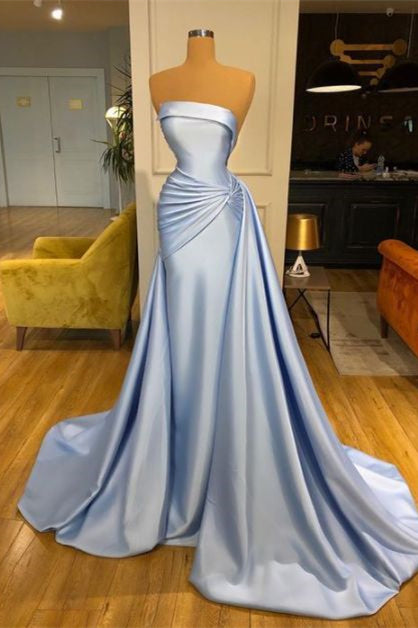 Strapless Baby Blue Mermaid Evening Dress with Ruffle