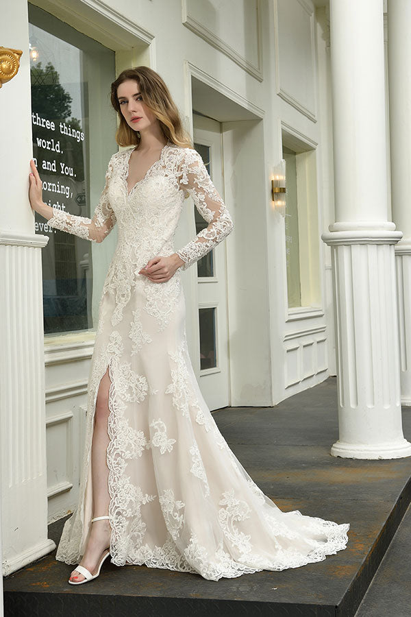 Bmbride Elegant V-Neck Long Sleeve Mermaid Bridal Gown