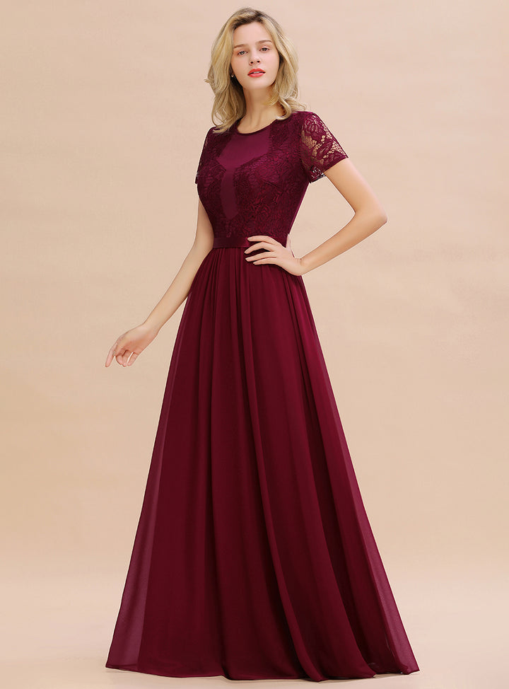 A-line Short Sleeves Jewel Chiffon Floor-Length Dress Burgundy Koscy 6