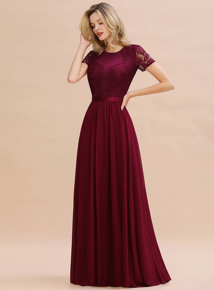 A-line Short Sleeves Jewel Chiffon Floor-Length Dress Burgundy Koscy 5