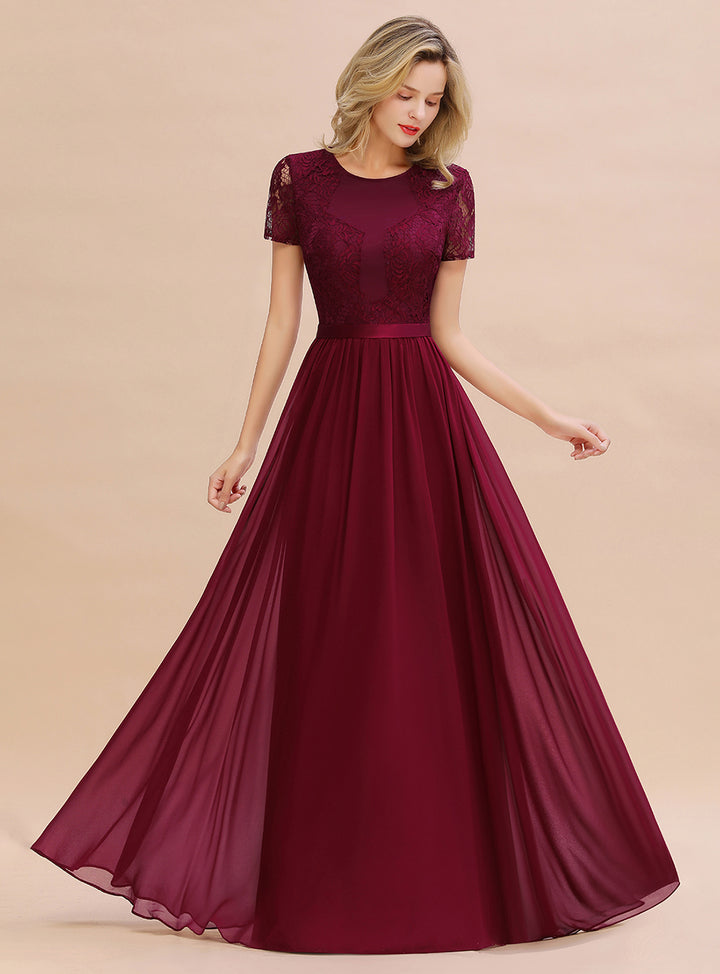 A-line Short Sleeves Jewel Chiffon Floor-Length Dress Burgundy Koscy 2