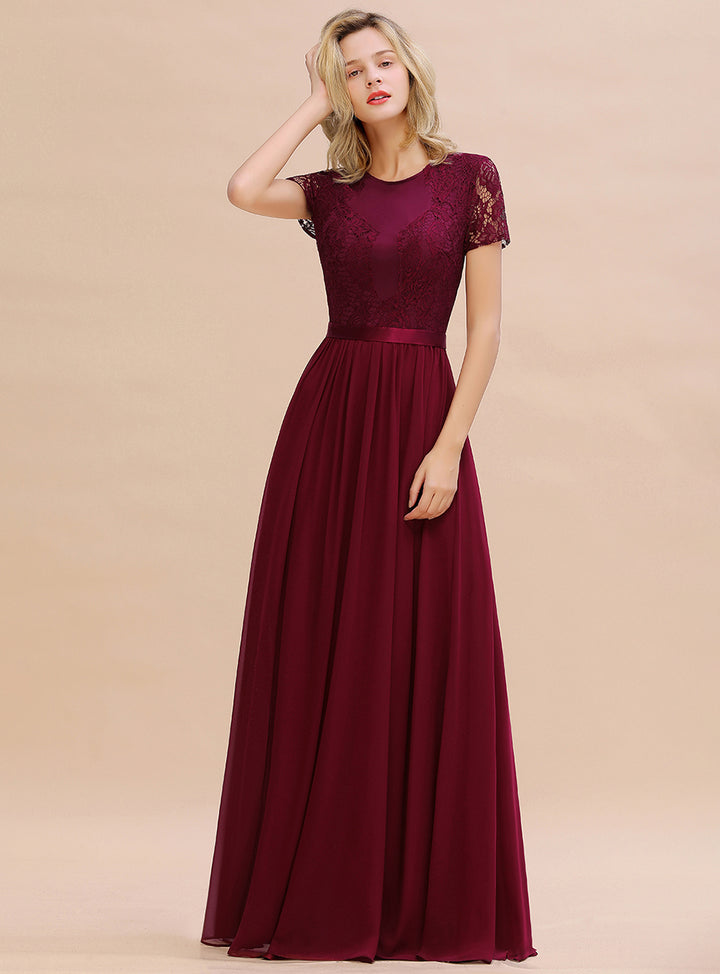 A-line Short Sleeves Jewel Chiffon Floor-Length Dress Burgundy Koscy 4