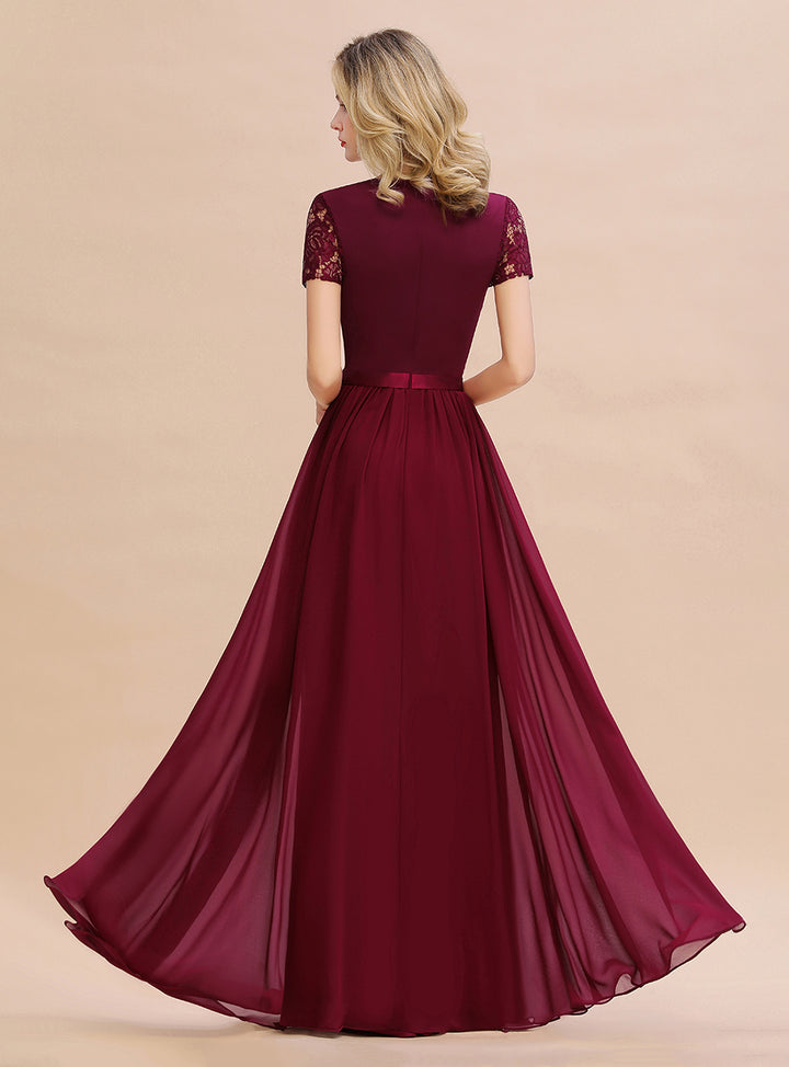 A-line Short Sleeves Jewel Chiffon Floor-Length Dress Burgundy Koscy 3