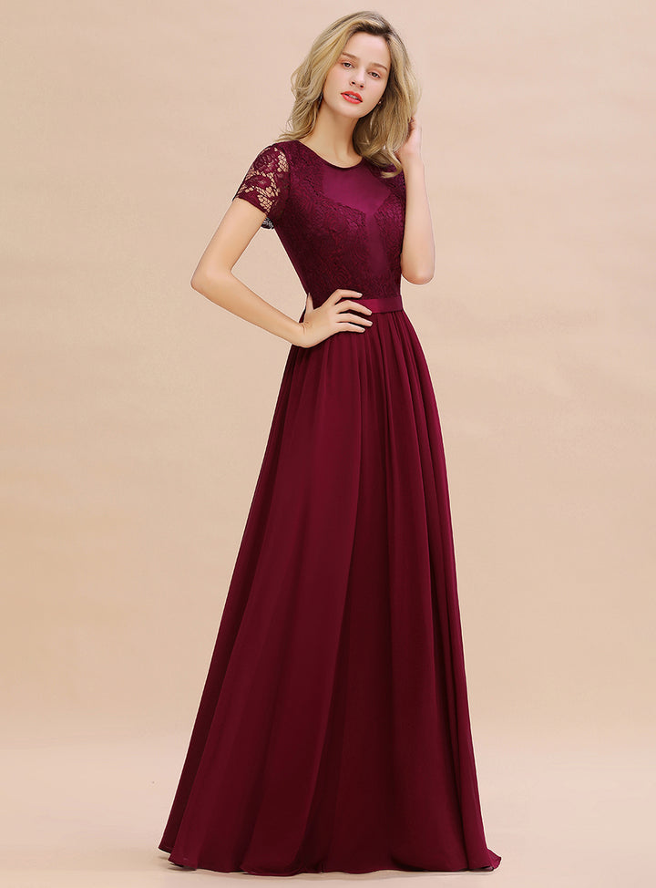 A-line Short Sleeves Jewel Chiffon Floor-Length Dress Burgundy Koscy 7