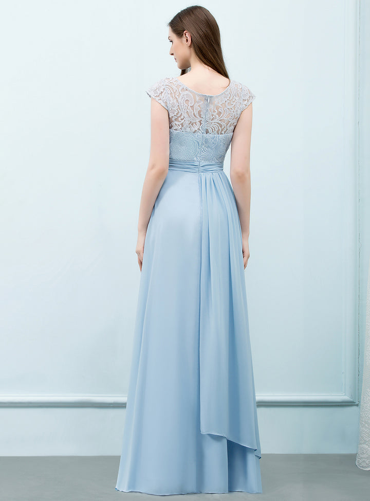 A-line Scoop Neck Lace Chiffon Floor-Length Dress Blue Koscy 2