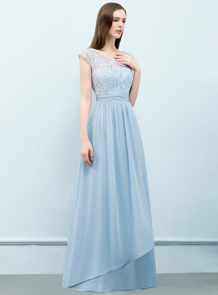 A-line Scoop Neck Lace Chiffon Floor-Length Dress Blue Koscy 4