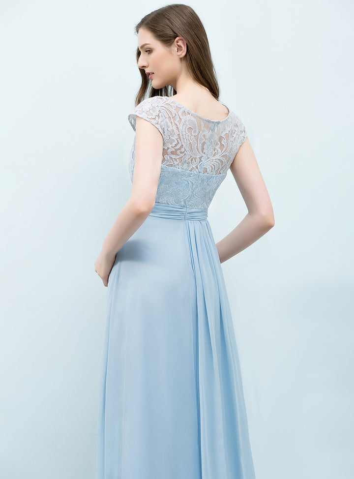 A-line Scoop Neck Lace Chiffon Floor-Length Dress Blue Koscy 5