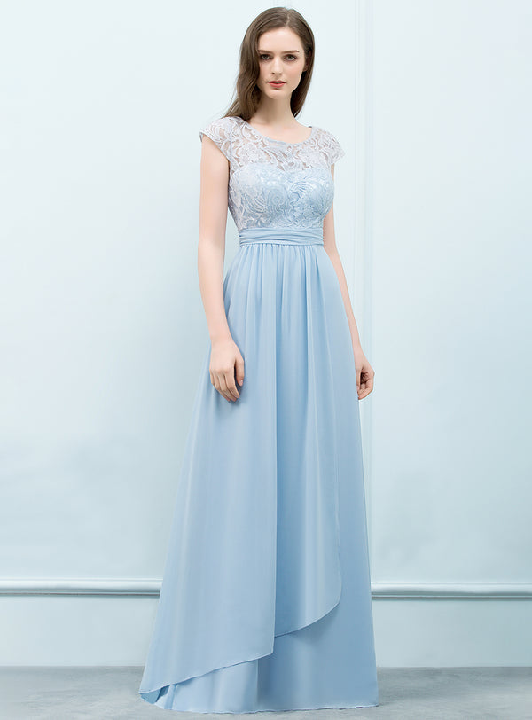 A-line Scoop Neck Lace Chiffon Floor-Length Dress Blue Koscy 1