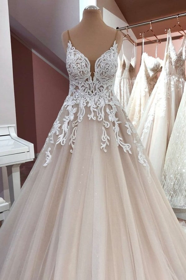 Bmbride A-Line V-neck Spaghetti Straps Backless Appliques Lace Tulle Wedding Dress