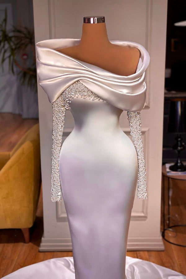 White Evening Dress with Long Sleeves and Beadings