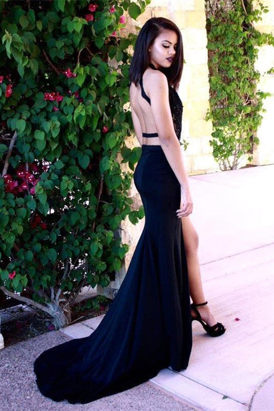 Sleeveless Dark Navy Prom Dress With Slit