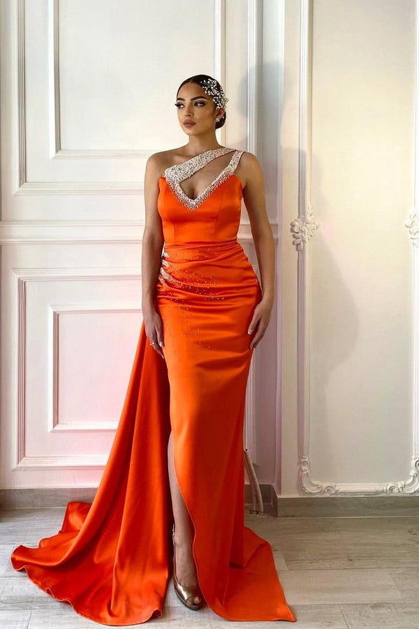 One Shoulder Orange Prom Dress V Neck Long Mermaid Split