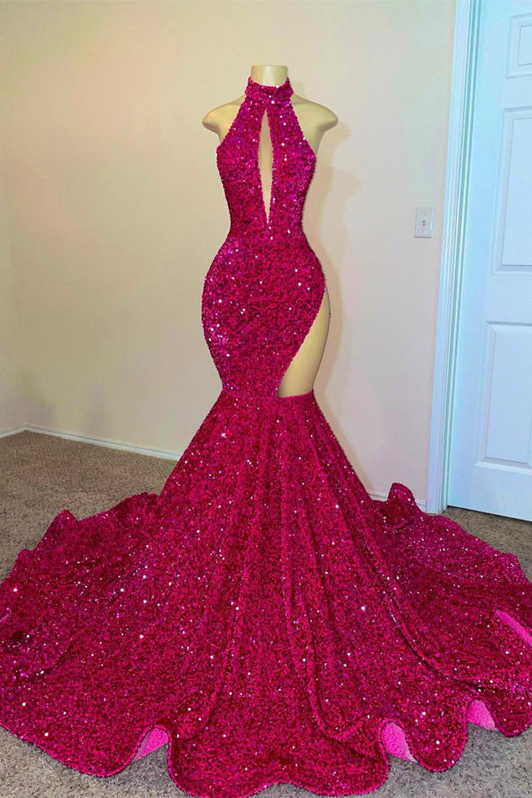 Sleeveless Fuchsia High Neck Mermaid Long Prom Dress With Sequins