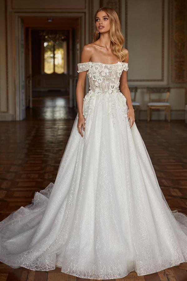 Bmbride Off the Shoulder Glitter Tulle Lace Wedding Dress