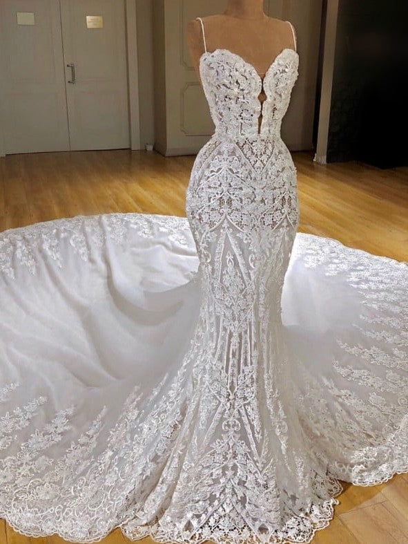 Bmbride Sexy Lace Mermaid Wedding Dress with Spaghetti Straps and Appliques