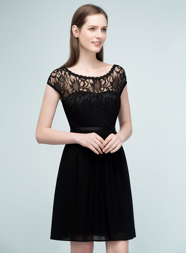 A-line Scoop Neck Chiffon Knee-Length Dress Black Koscy 1