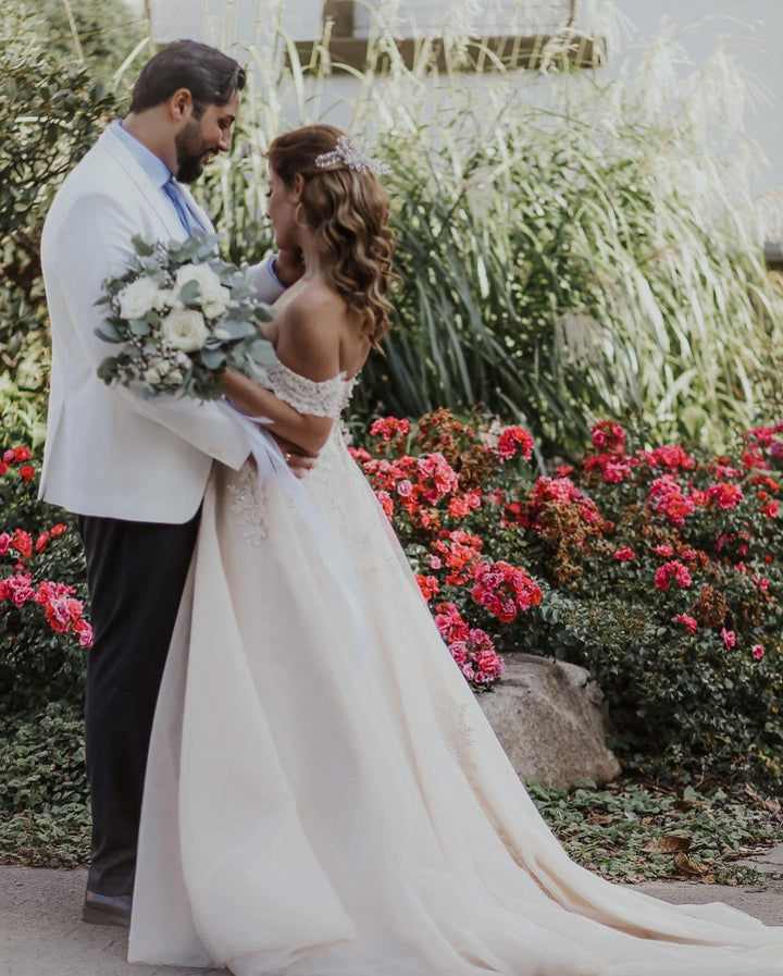 Bmbride Off-the-Shoulder Tulle Boho Wedding Dress with Lace