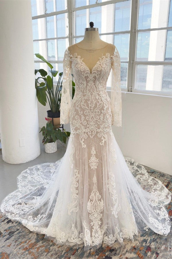 Bmbride Long Mermaid Jewel Tulle Lace Backless Wedding Dresses with Sleeves - Beautiful