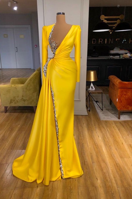 Yellow Prom Dress with Long Sleeves and Beads Sequins