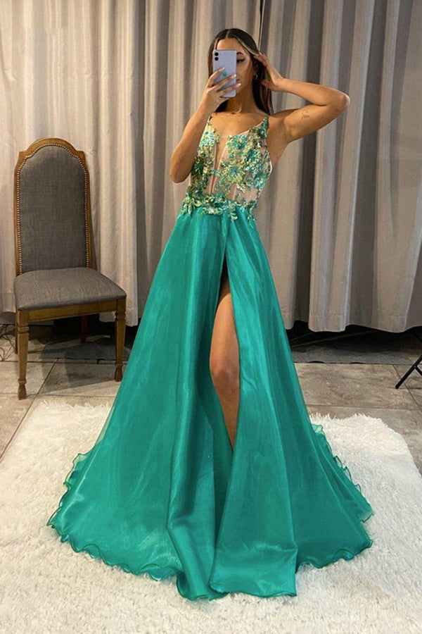 Green V-neck Appliques A Line Long Prom Dress with Slit