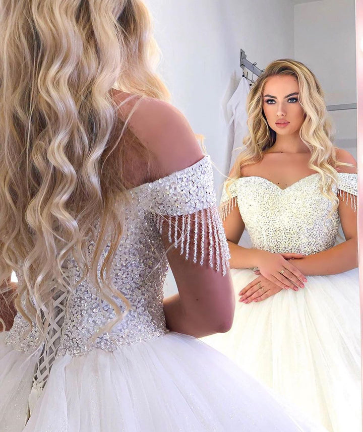 Bmbride Luxurious Long Princess Off-the-Shoulder Tulle Wedding Gown