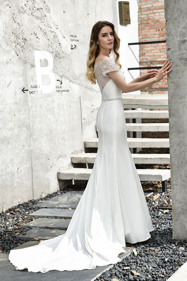 Bmbride Short-Sleeve Mermaid Satin Lace Bridal Gown