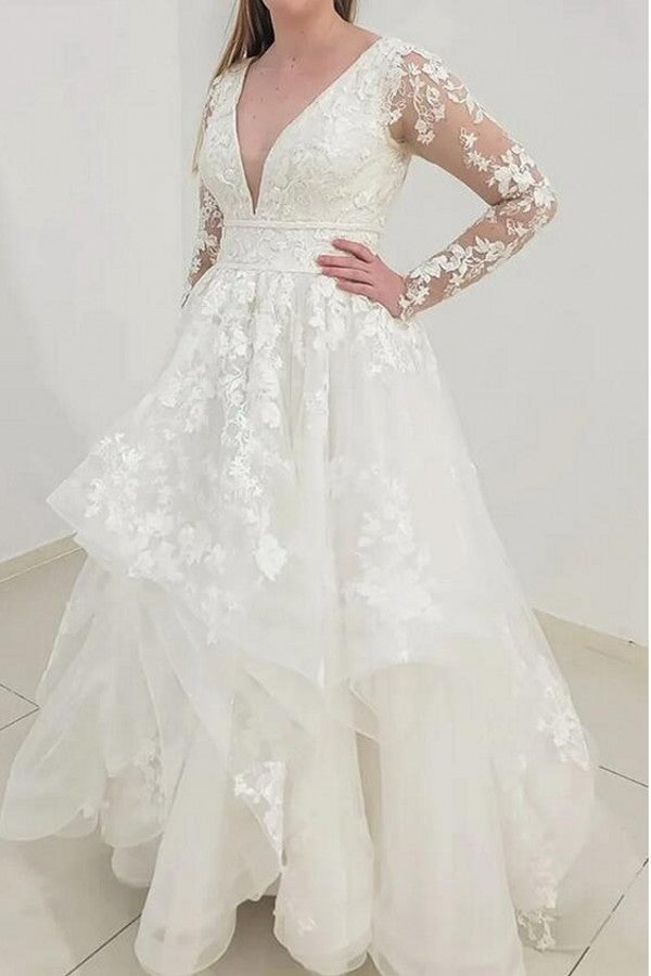 Bmbride Long Sleeve V-neck A-line Tulle Lace Wedding Dresses