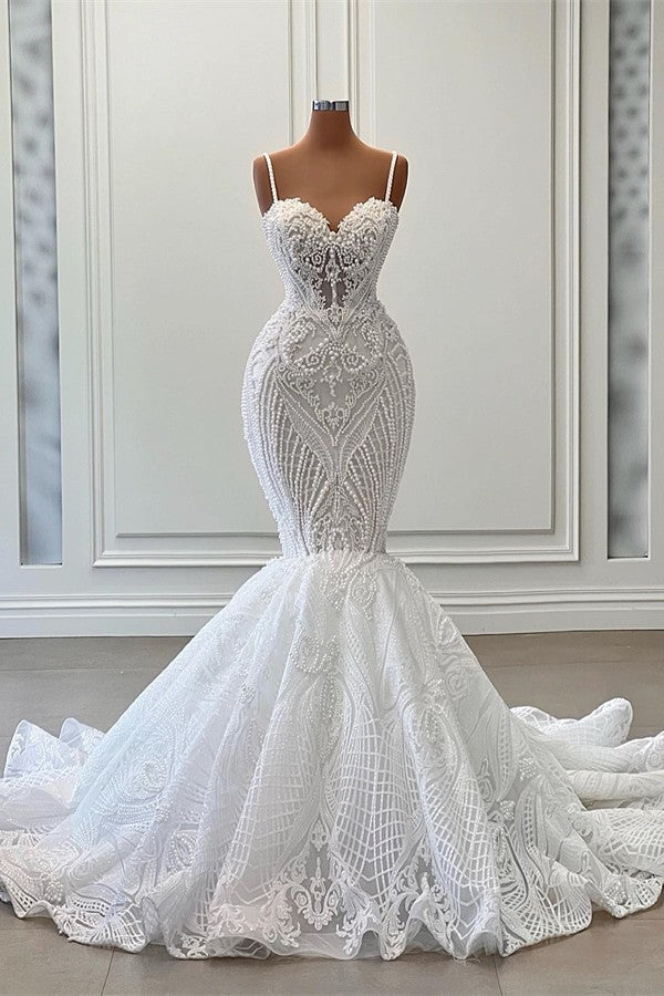 Bmbride Long Mermaid Sweetheart Tulle Lace Wedding Dress with Ruffles