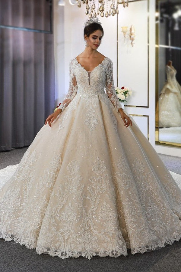 Bmbride Elegant Train A-Line Sweetheart Backless Long Sleeve Appliques Lace Sequins Bridal Gown