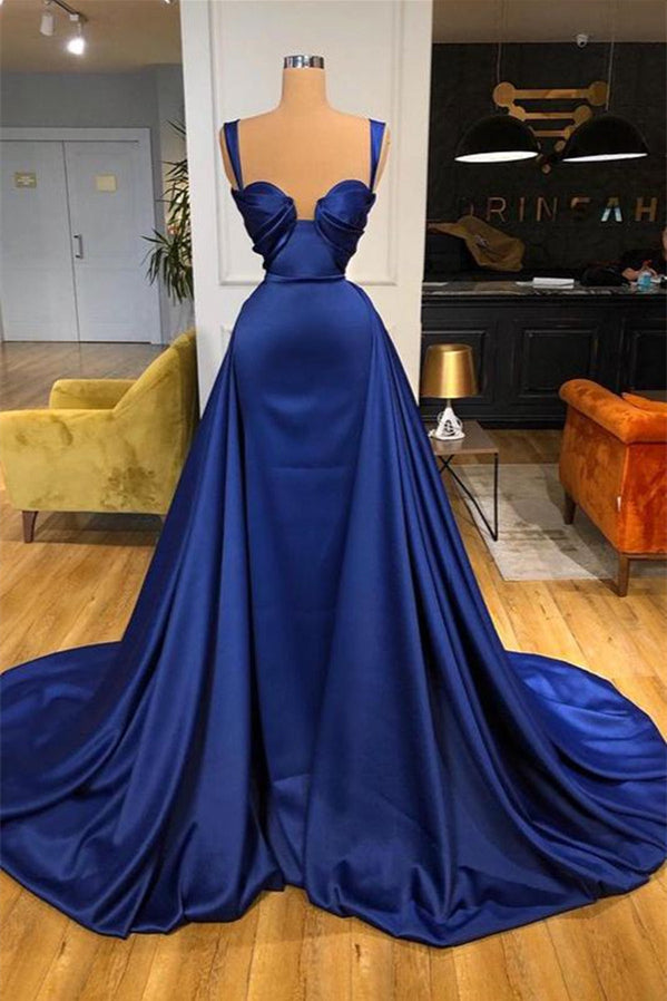 Mermaid prom dress in royal blue with detachable train