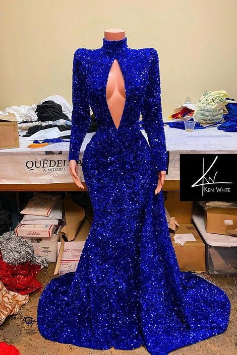 Sequined Royal Blue High Neck Long Sleeves Mermaid Prom Dress